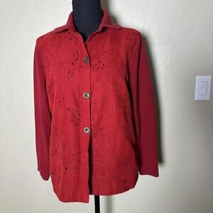 90s Boho Faux Suede Knit Sleeve Laser-Cut Jacket  Red Button-Front Granny Chic